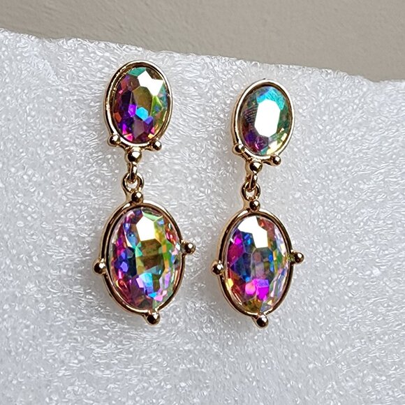 NWOT Etsy Iridescent Crystal Beaded Gold Tone Pierced Drop Dangle Earrings - Picture 11 of 15